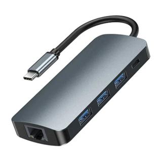 Remax Retor Series RU-U91 9v1 USB-C rozbočovač, 3x USB 3.0, USB-C, RJ45, HDMI, 3,5 mm, SD/TF (sivá)