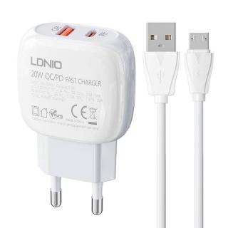 Sieťová nabíjačka LDNIO A2313C USB, USB-C 20W + MicroUSB kábel