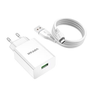Sieťová nabíjačka Vipfan E03, 1x USB, 18 W, QC 3.0 + kábel Micro USB (biela)