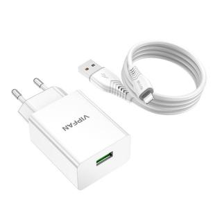 Sieťová nabíjačka Vipfan E03, 1x USB, 18 W, QC 3.0 + Lightning kábel (biela)