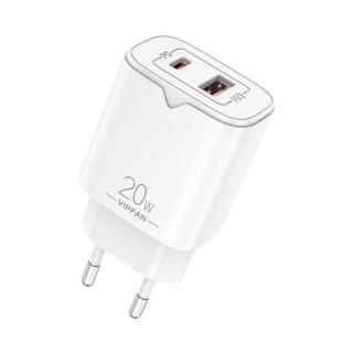 Sieťová nabíjačka Vipfan E08, USB + USB-C, 20W PD + QC 3.0 (biela)