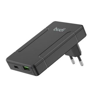 Univerzálna sieťová nabíjačka Budi, USB + USB-C, PD 65W + adaptéry EU/UK/US/AU (čierna)