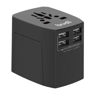 Univerzálna sieťová nabíjačka / sieťový adaptér Budi 4x USB, 5A, EU/UK/AUS/US/JP (čierna)