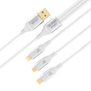 Vipfan X15 3-v-1 USB-C / Lightning / Micro 66W USB kábel 1,2 m, pozlátený (biely)