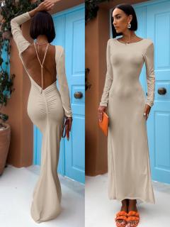 Béžové dlhé elegantné šaty NINTENI s prestrihom na chrbte Veľkosť: ONESIZE