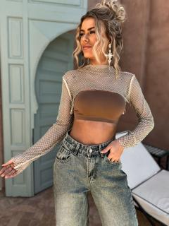 Béžový trblietavý sieťovaný crop top RALASAT s kamienkami Veľkosť: ONESIZE