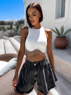 Biely elegantný crop top POMPENE so strieborným detailom Veľkosť: M/L