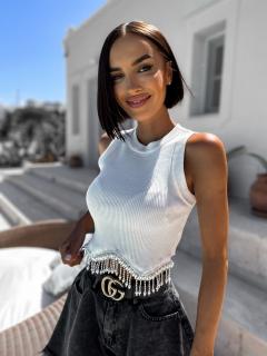 Biely elegantný crop top SYNESTE s perličkami Veľkosť: ONESIZE