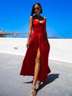 Červené lesklé elegantné šaty YASMINE s rázporkom