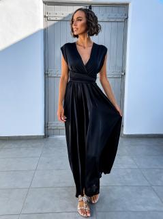 Čierne lesklé šaty VALERDI s variabilným viazaním a rázporkom