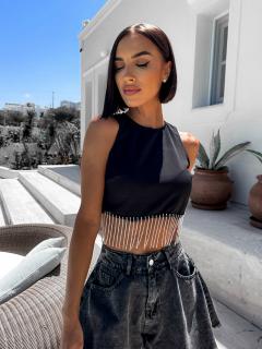 Čierny crop top HYDRAY s trblietavými strapcami Veľkosť: ONESIZE