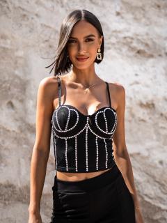 Čierny elegantný crop top MACK s kamienkami Veľkosť: M/L