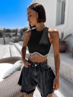 Čierny elegantný crop top POMPENE so strieborným detailom Veľkosť: M/L