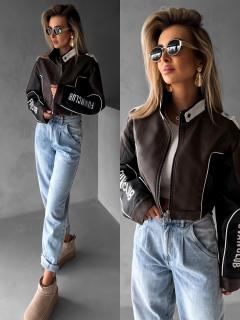 Hnedá krátka koženková biker moto bunda BRUNHILA Veľkosť: ONESIZE