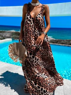 Hnedé dlhé elegantné šaty ZAIRE s gepardím vzorom