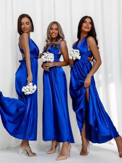 Královsky modré lesklé šaty VALERDI s variabilným viazaním / bez rázporku