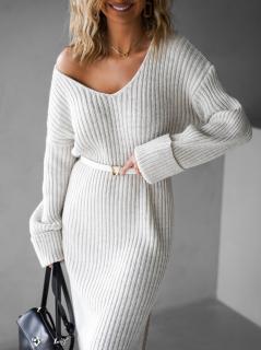 Krémové dlhé svetrové maxi šaty XIMENA s výstrihom Veľkosť: ONESIZE