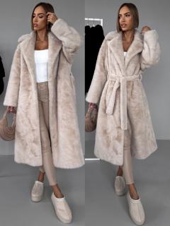 Krémový dlhý faux fur kožušinový kabát NARCISA s opaskom Veľkosť: M/L