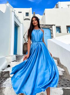 Modré dlhé lesklé elegantné šaty MADES so zaväzovaním