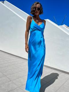 Modré dlhé lesklé šaty ROSES s rázporkom