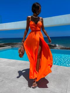 Neon oranžové elegantné šaty PATILLA s rázporkom Veľkosť: ONESIZE