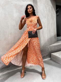 Oranžové šaty CHEETAHS s gepardím vzorom a rázporkom