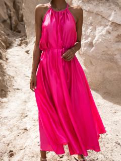 Ružové dlhé lesklé elegantné šaty MADES so zaväzovaním
