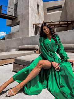 Smaragdové elegantné šaty WOMAN s dlhým rukávom Veľkosť: ONESIZE