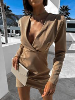 Svetlo hnedé elegantné šaty VERBENA s výstrihom do V Veľkosť: ONESIZE