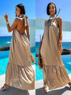 Svetlo hnedé lesklé dlhé elegantné šaty SANTLOS Veľkosť: ONESIZE