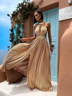 Svetlo hnedé lesklé elegantné šaty URINIE so zlatým detailom Veľkosť: L