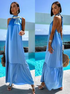 Svetlomodré lesklé dlhé elegantné šaty SANTLOS Veľkosť: ONESIZE