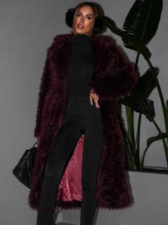 Vínový faux fur dlhý kožušinový kabát HOAIN Veľkosť: M/L