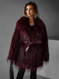 Vínový faux fur kožušinový kabát ALBERTO s opaskom Veľkosť: M/L