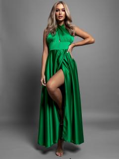 Zelené dlhé elegantné lesklé šaty TARRISA s rázporkom