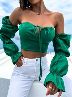 Zelený elegantný crop top CORCES s volánikmi