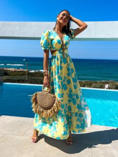 Žlto modré elegantné šaty CYPREY so vzormi