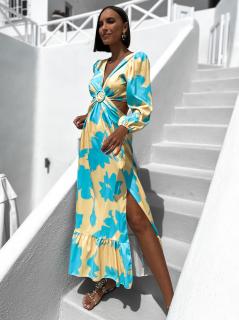 Žlto modré svetlejšie elegantné šaty CASSIUS s rázporkom