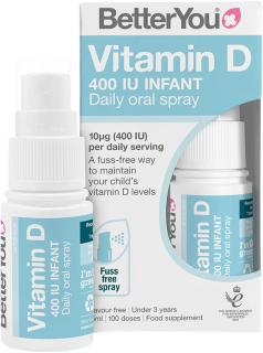 BetterYou Vitamín D 400 IU Infant Daily Spray, Orálny sprej pre dojčatá do 3 rokov, 15 ml (100 strekov)