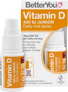 BetterYou Vitamín D 400 IU Junior Daily Spray, Orálny sprej pre deti 3+, 15 ml (100 strekov)