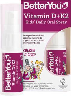 BetterYou Vitamín D3 + K2 Kids' Daily Spray, Orálny sprej pre deti 1+, 15 ml (100 strekov)