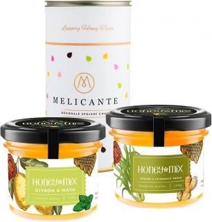 HoneyMix Darčekové balenie medov, Citrón a mäta + Zázvor a citrónová tráva, 2x140 g + Darčekový Tubus Zdarma