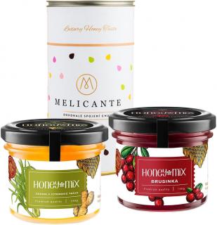 HoneyMix Darčekové balenie medov, Zázvor a citrónová tráva + Brusnice, 2x140 g + Darčekový Tubus Zdarma