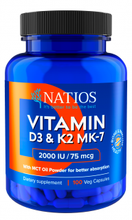 NATIOS Vitamín D3 & K2 (MenaQ7 MK-7), 2000 IU & 75 mcg, 100 kapsúl