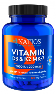 NATIOS Vitamín D3 & K2 (MenaQ7 MK-7), 5000 IU & 200 mcg, 100 kapsúl