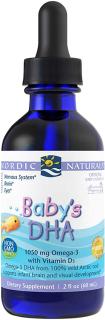 Nordic Naturals Baby's DHA, Omega 3 + Vitamín D3, Neochutené, 60 ml