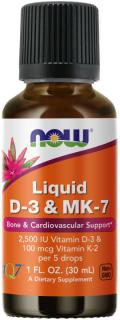 NOW FOODS Tekutý Vitamín D3 & K2 (MK-7), 2500 IU & 100 μg na 5 kvapiek, 30 ml