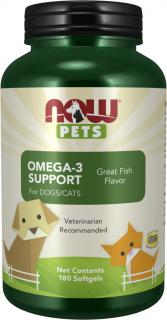 NOW Pets Omega-3 Support pre psy a mačky, 180 softgel kapsúl