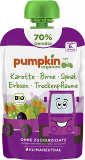 Pumpkin Organics BIO Zeleninové pyré 70% - Mrkva, špenát, hruška, hrášok, slivka, 6. mesiac, 100 g