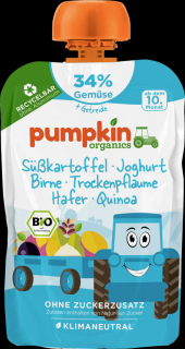 Pumpkin Organics BIO Zeleninové pyré - Batát, jogurt, hruška, slivka, ovos, quinoa, 10. mesiac, 100 g